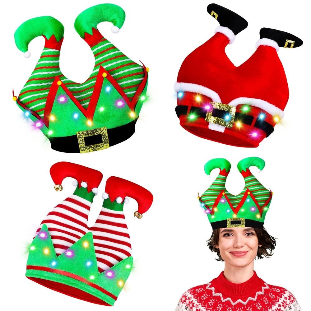 4085 3 Pack Christmas Hats, Santa Hats with LED Lights, Xmas Party Supplies